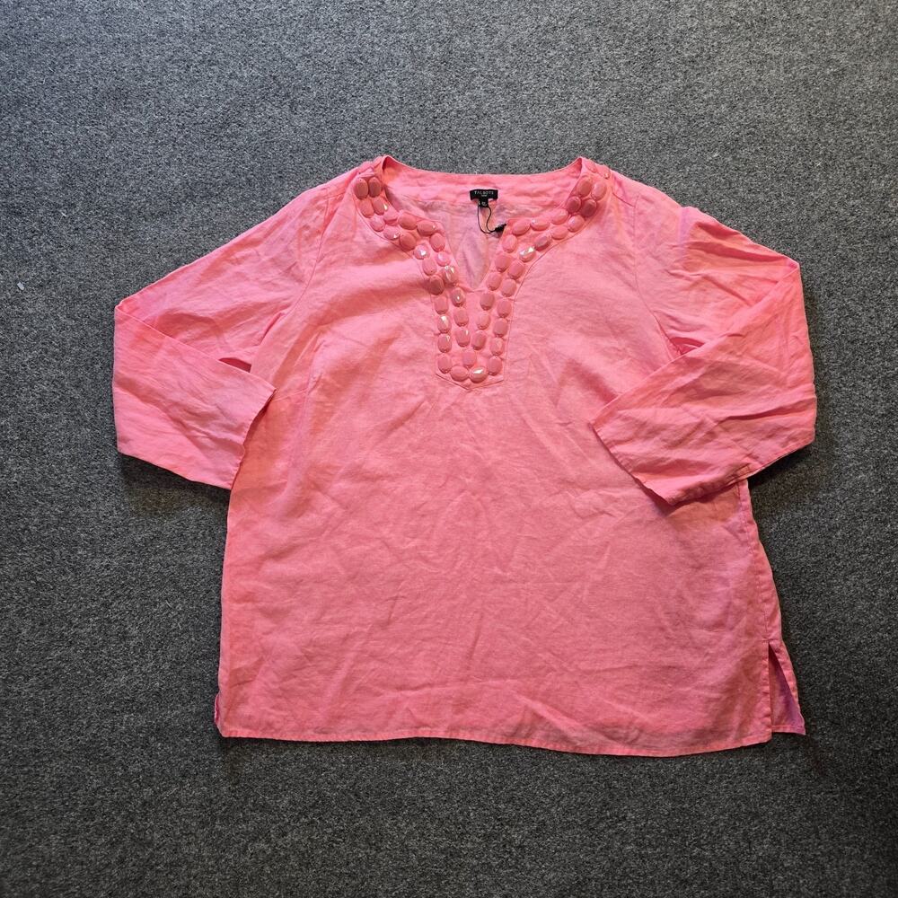 Talbots Top Womens Size 2X Pink Beaded V Neck Linen Classic Preppy Casual Beachy